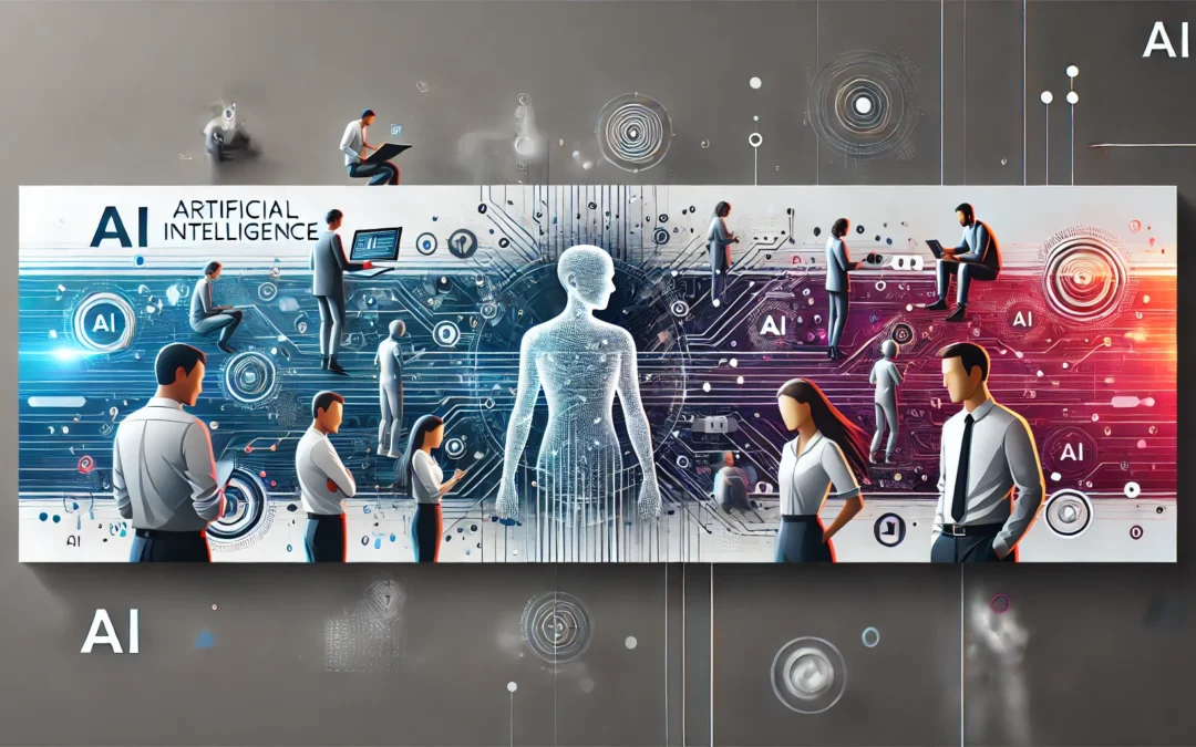 DALL·E 2024-09-24 12.32.49 - A modern banner design featuring people interacting with artificial intelligence in a tech-driven environment. The banner should include a futuristic,